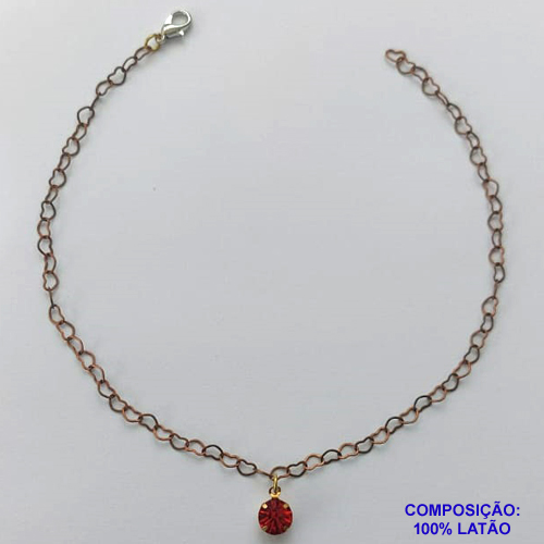 TORNOZELEIRA NO BRUTO PRONTO PARA O BANHO(CX87) - TORNOZELEIRA COM PINGENTE EM STRASS 6MM VERMELHO - TAMANHO 25CM - PESO: 1,5GR - BRU10525