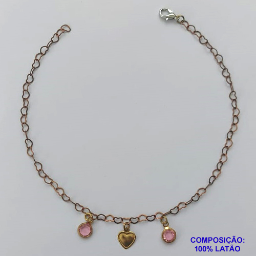 TORNOZELEIRA NO BRUTO PRONTO PARA O BANHO - TORNOZELEIRA COM PINGENTE CORAÇÃO E STRASS - TAMANHO 25CM - PESO: 1,7GR - BRU10528