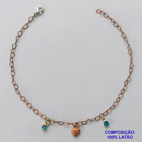 TORNOZELEIRA NO BRUTO PRONTO PARA O BANHO(CX87)- TORNOZELEIRA COM PINGENTES STRASS E CORAÇÃO - TAMANHO 25CM - PESO: 1,5GR - BRU10536