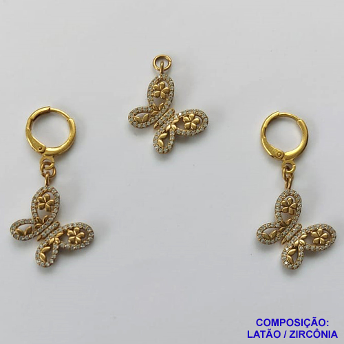 CONJUNTO NO BRUTO PRONTO PARA O BANHO (CX25) - ARGOLINHA DE PRESSÃO TRANQUETA - (PINGENTE E BRINCO) EM ALTA FUSÃO - BORBOLETA CRAVEJADA EM MICROS ZIRCÔNIAS 16MM - PESO TOTAL 4,7GR  BRU10548