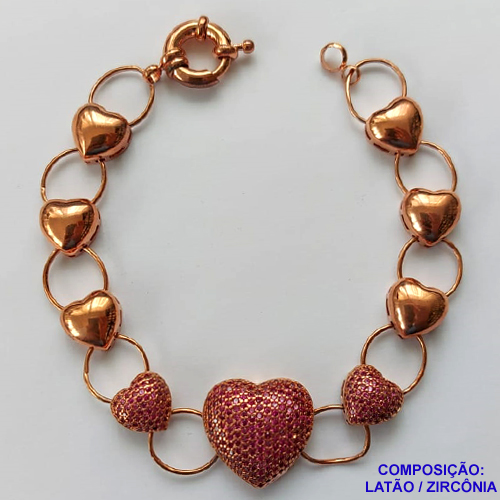 PULSEIRA NO BRUTO PRONTO PARA O BANHO (CX33) - PULSEIRA VAZADA COM CORAÇÕES CRAVEJADOS EM MICROS ZIRCÔNIAS 18MM - PESO TOTAL 16,5GR - TAMANHO: 19CM FECHO BÓIA - BRU10549