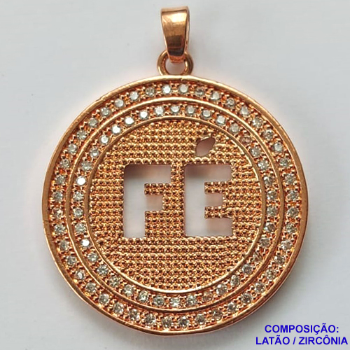 PINGENTE NO BRUTO PRONTO PARA O BANHO (CX32) - PINGENTE REDONDO PALAVRA FÉ VAZADA CRAVEJADO EM MICROS ZIRCÔNIAS - TAMANHO 24X24MM - PESO 4,2GR - COMPOSIÇÃO: LATÃO / ZIRCÔNIA - BRU10550