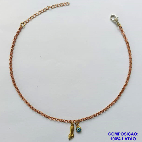 TORNOZELEIRA NO BRUTO PRONTO PARA O BANHO(CX87)- TORNOZELEIRA COM PINGENTES FIGA E OLHO GREGO - TAMANHO 25CM - PESO: 2,3GR - BRU10560