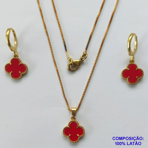 CONJUNTO NO BRUTO PRONTO PARA O BANHO - GARGANTILHA COM CORRENTE VENEZIANA DE 45CM PINGENTE TIPO VAN CLEFF 10MM VERMELHO - BRINCO ARGOLA DE PRESSÃO - PESO TOTAL: 4,1GR - COMPOSIÇÃO: LATÃO / RESINA BRU10562
