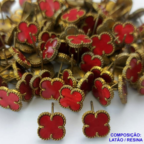 BRINCO NO BRUTO PRONTO PARA O BANHO (CX44)-  BRINCO DE PINO COM PINGENTE TIPO VAN CLEEF 10MM VERMELHO - COMPOSIÇÃO: LATÃO / RESINA - PESO 1,5GR - - BRU10572