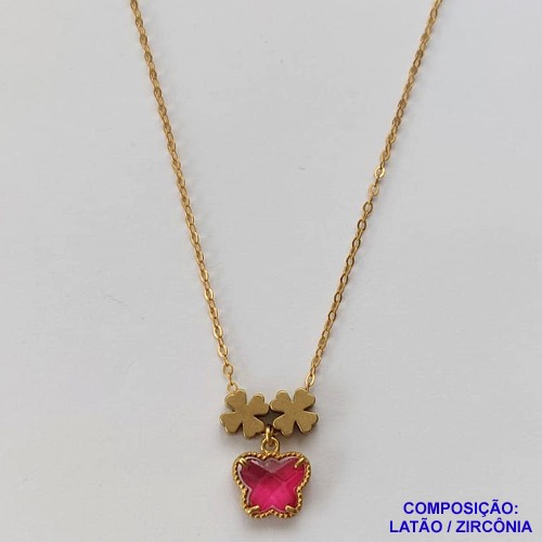 GARGANTILHA NO BRUTO PRONTO PARA O BANHO - COM CORRENTE CADEADO DE 45CM - PINGENTE TIPO VAN CLEEF ROSA 10MM - PESO TOTAL 3.7GR - BRU10591