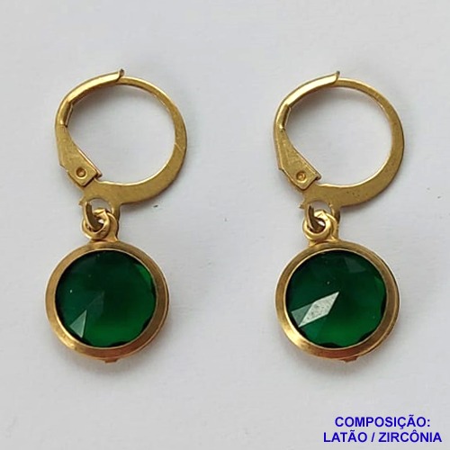 BRINCO NO BRUTO PRONTO BANHO - BRINCO COM PINGENTE EM ZIRCÔNIA VERDE 10MM - ARGOLINHA DE PRESSÃO (TRANQUETA) - PESO TOTAL 2.2GR - BRU10593