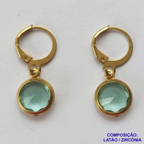 BRINCO NO BRUTO PRONTO BANHO - BRINCO COM PINGENTE EM ZIRCÔNIA VERDE ÁGUA 10MM - ARGOLINHA DE PRESSÃO (TRANQUETA) - PESO TOTAL 2.2GR - BRU10600