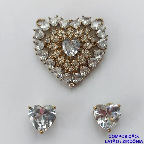 CONJUNTO NO BRUTO PRONTO PARA O BANHO (CX17) - CONJUNTO SEM CORRENTE - (PINGENTE E BRINCOS) PINGENTE FORMATO CORAÇÃO CRAVEJADO COM ZIRCÔNIAS CRISTAL 28MM E BRINCO PINO FORMATO CORAÇÃO ZIRCÔNIA CRISTAL 8MM- PESO TOTAL 8.4GR -  BRU10610