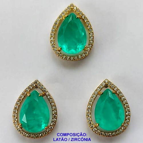 CONJUNTO NO BRUTO PRONTO PARA O BANHO - CONJUNTO SEM CORRENTE - (PINGENTE E BRINCOS) PINGENTE CRAVEJADO COM MICRO ZIRCÔNIAS E ZIRCÔNIA VERDE 14MM E BRINCO PINO COM MICRO ZIRCÔNIAS E ZIRCÔNIA VERDE 14MM- PESO TOTAL 8.0GR -  BRU10612