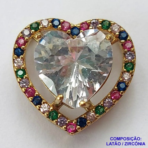 PINGENTE NO BRUTO PRONTO PARA O BANHO - PINGENTE CORAÇÃO COM MICRO ZIRCÔNIAS COLORIDAS E ZIRCÔNIA CRISTAL- COMPOSIÇÃO: LATÃO / ZIRCÔNIA - TAMANHO 14MM - PESO TOTAL 2.3GR - BRU0001920