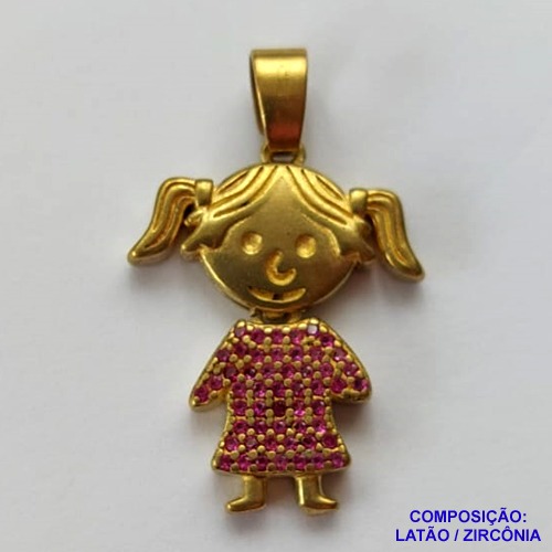 PINGENTE NO BRUTO PRONTO PARA O BANHO (CX15) - PINGENTE MENINA MICRO ZIRCÔNIAS ROSA - COMPOSIÇÃO: LATÃO / ZIRCÔNIA - TAMANHO 16MM - PESO TOTAL 2.7GR -  BRU0001926