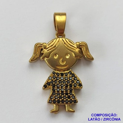 PINGENTE NO BRUTO PRONTO PARA O BANHO (CX15)- PINGENTE MENINA MICRO ZIRCÔNIAS PRETAS - COMPOSIÇÃO: LATÃO / ZIRCÔNIA - TAMANHO 16MM - PESO TOTAL 2.7GR -  BRU0001928