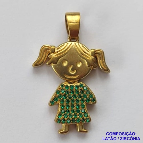 PINGENTE NO BRUTO PRONTO PARA O BANHO (CX15)- PINGENTE MENINA COM MICRO ZIRCÔNIAS VERDES - COMPOSIÇÃO: LATÃO / ZIRCÔNIA - TAMANHO 16MM - PESO TOTAL 2.7GR -  BRU0001929