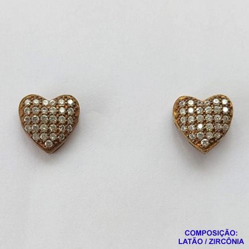 BRINCO NO BRUTO PRONTO PARA O BANHO (CX07) - BRINCO DE PINO CORAÇÃO COM MICRO ZIRCÔNIAS - TAMANHO 9MM - PESO TOTAL DO PAR 1.8GR - BRU10615