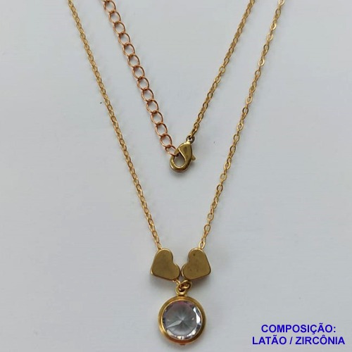 GARGANTILHA NO BRUTO PRONTO PARA O BANHO - COM CORRENTE CADEADO DE 45CM - PINGENTE ZIRCÔNIA CRISTAL 10MM E CORAÇÕES 7MM - PESO TOTAL 3.8GR - BRU10621