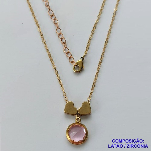 GARGANTILHA NO BRUTO PRONTO PARA O BANHO - COM CORRENTE CADEADO DE 45CM - PINGENTE ZIRCÔNIA ROSA 10MM E CORAÇÕES 7MM - PESO TOTAL 3.8GR - BRU10622