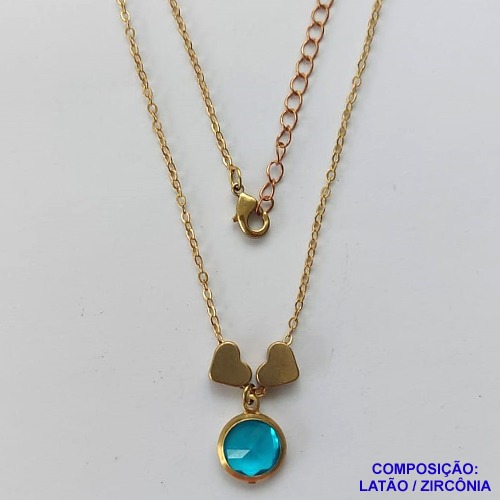 GARGANTILHA NO BRUTO PRONTO PARA O BANHO - COM CORRENTE CADEADO DE 45CM - PINGENTE ZIRCÔNIA AZUL 10MM E CORAÇÕES 7MM - PESO TOTAL 3.8GR - BRU10624