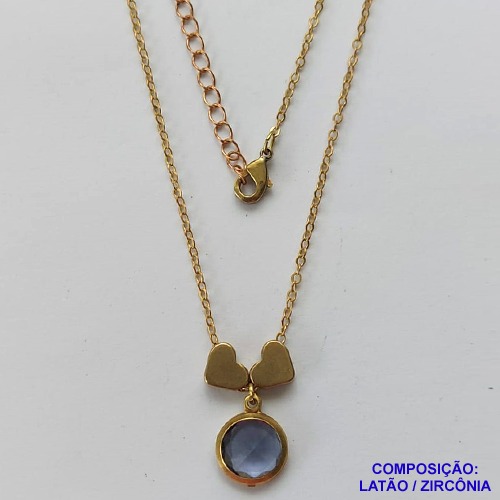 GARGANTILHA NO BRUTO PRONTO PARA O BANHO - COM CORRENTE CADEADO DE 45CM - PINGENTE ZIRCÔNIA LILÁS 10MM E CORAÇÕES 7MM - PESO TOTAL 3.8GR - BRU10625