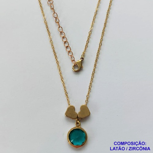 GARGANTILHA NO BRUTO PRONTO PARA O BANHO - COM CORRENTE CADEADO DE 45CM - PINGENTE ZIRCÔNIA VERDE 10MM E CORAÇÕES 7MM - PESO TOTAL 3.8GR - BRU10626