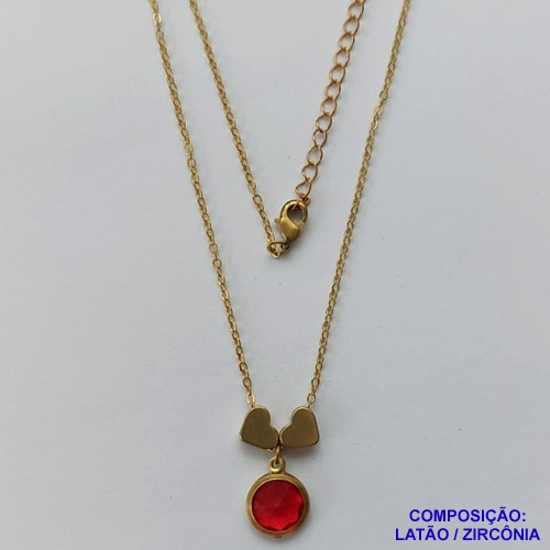 GARGANTILHA NO BRUTO PRONTO PARA O BANHO - COM CORRENTE CADEADO DE 45CM - PINGENTE ZIRCÔNIA VERMELHA 10MM E CORAÇÕES 7MM - PESO TOTAL 3.8GR - BRU10627