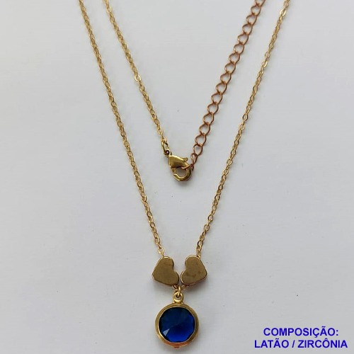 GARGANTILHA NO BRUTO PRONTO PARA O BANHO - COM CORRENTE CADEADO DE 45CM - PINGENTE ZIRCÔNIA AZUL ESCURO 10MM E CORAÇÕES 7MM - PESO TOTAL 3.8GR - BRU10628