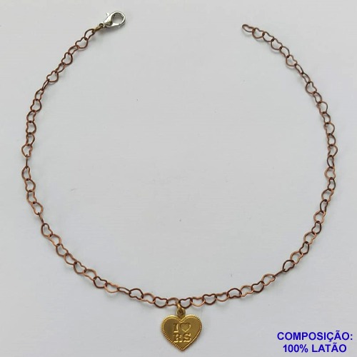 TORNOZELEIRA NO BRUTO PRONTO PARA O BANHO (CX62) - TORNOZELEIRA COM PINGENTE CORAÇÃO I LOVE RS 11MM - TAMANHO 25CM - PESO: 1,7GR - BRU10629