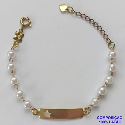 PULSEIRA NO BRUTO PRONTO PARA O BANHO( CX62) - PULSEIRA INFANTIL COM PÉROLAS E CHAPINHA ESTRELA VAZADA  - TAMANHO 12CM + EXTENSOR - PESO 2.1GR - FECHO REDONDO - BRU10637