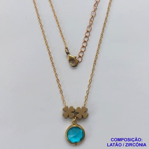 GARGANTILHA NO BRUTO PRONTO PARA O BANHO - COM CORRENTE CADEADO DE 45CM - PINGENTE ZIRCÔNIA AZUL 10MM E TREVOS 7MM - PESO TOTAL 4.0GR - BRU10641