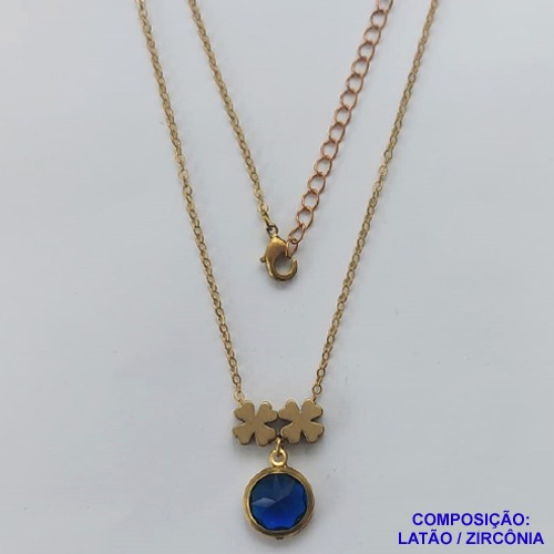 GARGANTILHA NO BRUTO PRONTO PARA O BANHO - COM CORRENTE CADEADO DE 45CM - PINGENTE ZIRCÔNIA AZUL 10MM E TREVOS 7MM - PESO TOTAL 4.0GR - BRU10643