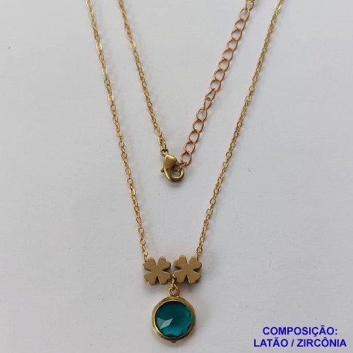GARGANTILHA NO BRUTO PRONTO PARA O BANHO - COM CORRENTE CADEADO DE 45CM - PINGENTE ZIRCÔNIA VERDE 10MM E TREVOS 7MM - PESO TOTAL 4.0GR - BRU10644