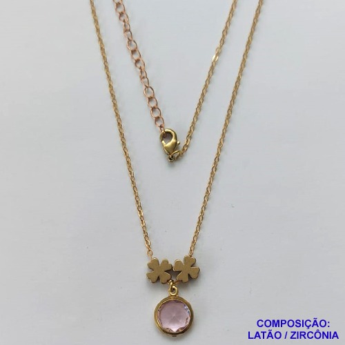 GARGANTILHA NO BRUTO PRONTO PARA O BANHO - COM CORRENTE CADEADO DE 45CM - PINGENTE ZIRCÔNIA ROSA 10MM E TREVOS 7MM - PESO TOTAL 4.0GR - BRU10645