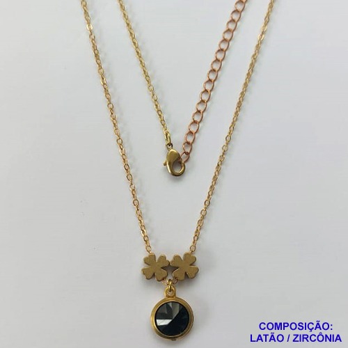 GARGANTILHA NO BRUTO PRONTO PARA O BANHO - COM CORRENTE CADEADO DE 45CM - PINGENTE ZIRCÔNIA PRETA 10MM E TREVOS 7MM - PESO TOTAL 4.0GR - BRU10646
