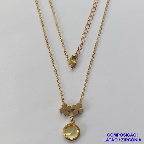 GARGANTILHA NO BRUTO PRONTO PARA O BANHO - COM CORRENTE CADEADO DE 45CM - PINGENTE ZIRCÔNIA AMARELA 10MM E TREVOS 7MM - PESO TOTAL 4.0GR - BRU10648