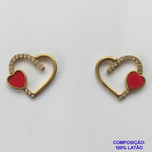 BRINCO NO BRUTO PRONTO PARA O BANHO - (CX7) BRINCO DE PINO PARA MONTAGEM CORAÇÃO VAZADO COM MICRO ZIRCÔNIAS E CORAÇÃO EM RESINA VERMELHO - TAMANHO 13MM (NÃO ACOMPANHA COLA) - PESO TOTAL DO PAR 1.8GR - BRU10650