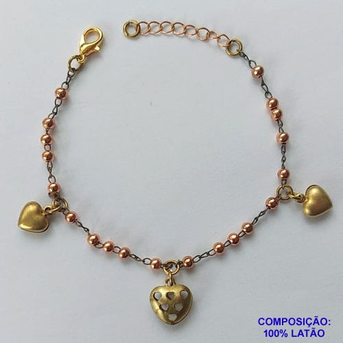 PULSEIRA NO BRUTO PRONTO PARA O BANHO(CX61) - PULSEIRA INFANTIL BOLINHAS E CORAÇÕES LISOS E VAZADOS - TAMANHO 13CM + EXTENSOR - PESO 2,3GR - FECHO LAGOSTA - BRU10653