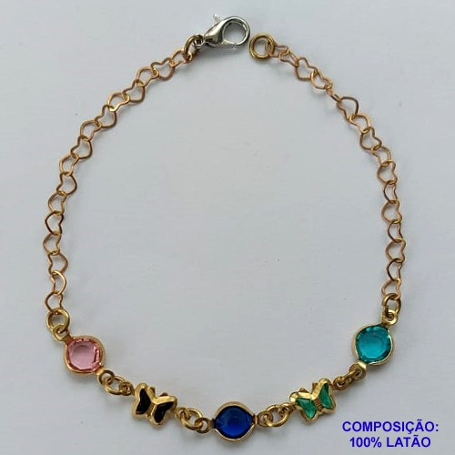 PULSEIRA NO BRUTO PRONTO PARA O BANHO(CX61) - PULSEIRA CORAÇÃO COM BORBOLETAS E PEDRAS CRISTAIS- TAMANHO 17CM + EXTENSOR - PESO 1.8GR - FECHO LAGOSTA - BRU10655