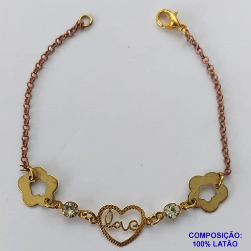 PULSEIRA NO BRUTO PRONTO PARA O BANHO(CX61) - PULSEIRA FLORES COM STRASS E CORAÇÃO LOVE- TAMANHO 16CM + EXTENSOR - PESO 1.7GR - FECHO LAGOSTA - BRU10658