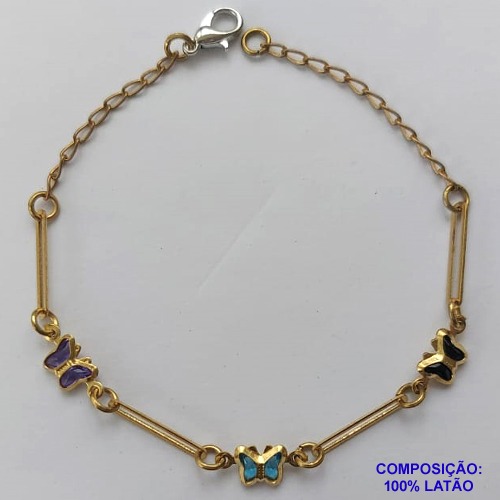 PULSEIRA NO BRUTO PRONTO PARA O BANHO (CX62) - PULSEIRA COM BORBOLETAS DE PEDRA CRISTAL COLORIDAS - TAMANHO 17CM + EXTENSOR - PESO 1.7GR - FECHO LAGOSTA - BRU10659