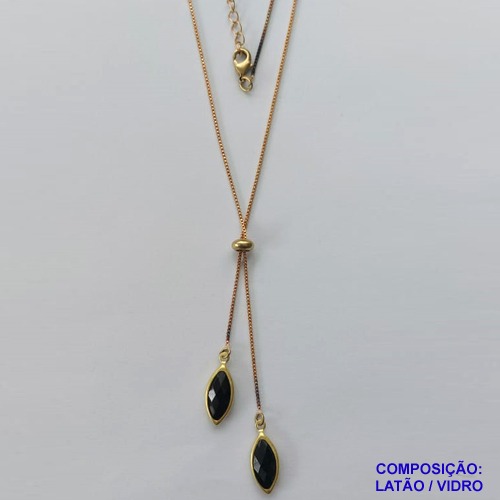GARGANTILHA NO BRUTO PRONTO PARA O BANHO - COM CORRENTE VENEZIANA DE 45CM + EXTENSOR - " TIPO GRAVATINHA " AJUSTÁVEL - COM DOIS PINGENTES PEDRAS CRISTAIS PRETA 6MM - PESO TOTAL 3.5GR - BRU10661