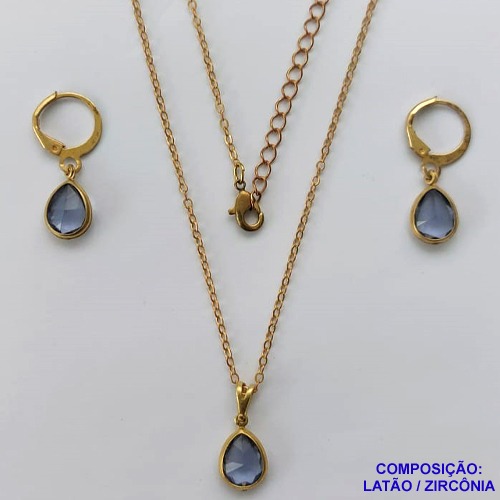 CONJUNTO NO BRUTO PRONTO PARA O BANHO - GARGANTILHA COM CORRENTE VENEZIANA DE 45CM - BRINCO COM ZIRCÔNIA LILÁS 8X10MM COM ARGOLA DE PRESSÃO - PESO TOTAL: 4GR - BRU10665