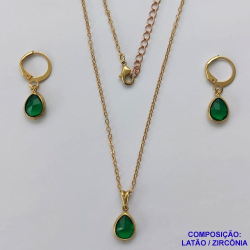 CONJUNTO NO BRUTO PRONTO PARA O BANHO - GARGANTILHA COM CORRENTE CADEADO DE 45CM - BRINCO COM ZIRCÔNIA VERDE 8X10MM COM ARGOLA DE PRESSÃO - PESO TOTAL: 4GR - BRU10666