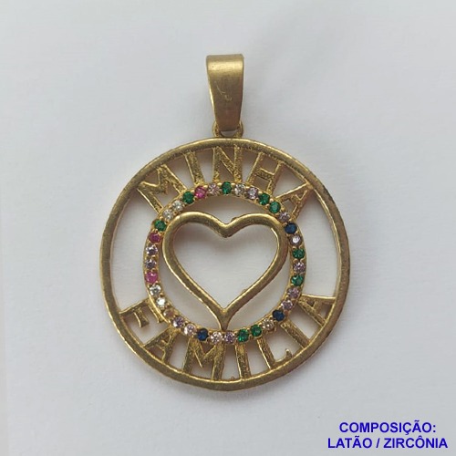 PINGENTE NO BRUTO PRONTO PARA O BANHO(CX63) - PINGENTE MINHA FAMÍLIA CORAÇÃO VAZADO COM MICRO ZIRCÔNIAS COLORIDAS 22MM PESO 2.3GR- BRU0001940