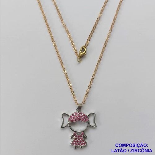 GARGANTILHA NO BRUTO PRONTO PARA O BANHO(CX65) - COM CORRENTE CADEADO DE 45CM - PINGENTE MENINA COM MICRO ZIRCÔNIAS ROSA 23X26MM - PESO TOTAL 5.2GR - BRU10669
