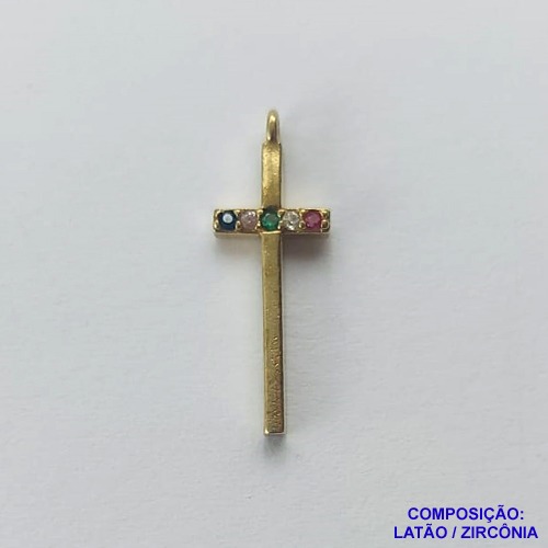 PINGENTE NO BRUTO PRONTO PARA O BANHO(CX65) - PINGENTE CRUCIFIXO COM MICRO ZIRCÔNIAS COLORIDAS 6X17MM PESO 0.4GR- BRU0001948