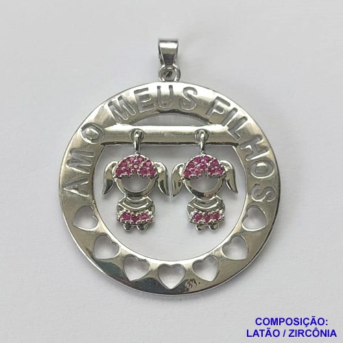 PINGENTE NO BRUTO PRONTO PARA O BANHO(CX65) - PINGENTE MENINAS COM MICRO ZIRCÔNIAS ROSAS AMO MEUS FILHOS 31MM PESO 4.7GR- BRU0001950