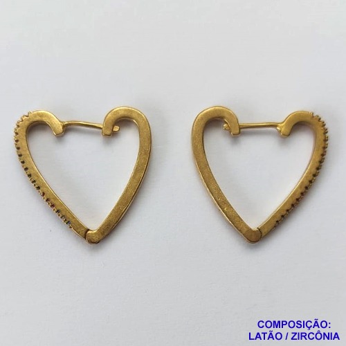 BRINCO NO BRUTO PRONTO PARA O BANHO - BRINCO DE ARGOLA FORMATO CORAÇÃO COM 1 FILEIRA DE MICRO ZIRCÔNIAS COLORIDAS - TAMANHO 24MM - PESO 4.7GR - BRU10680
