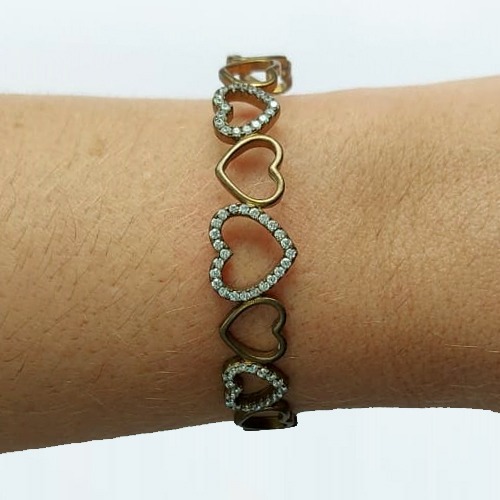 PULSEIRA (BRACELETE) NO BRUTO PRONTO PARA O BANHO (CX42) - CORAÇÕES VAZADOS E  COM  ZIRCÔNIAS CRISTAIS - PESO TOTAL 10GR - BRU10685