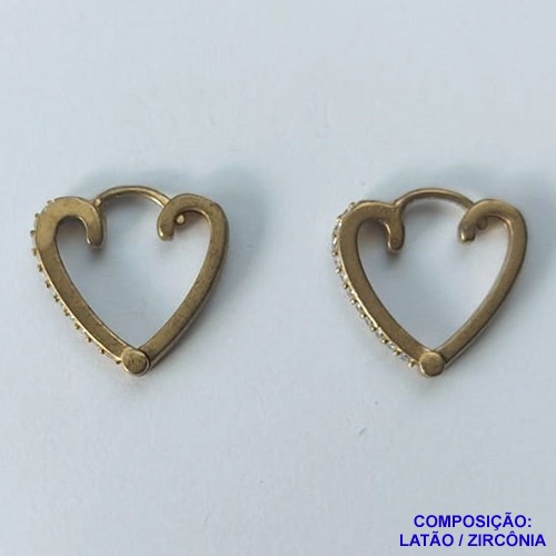 BRINCO NO BRUTO PRONTO PARA O BANHO(CX62) - BRINCO DE ARGOLA FORMATO CORAÇÃO COM 1 FILEIRA DE MICRO ZIRCÔNIAS - TAMANHO 16MM - PESO 2.1GR - BRU10696