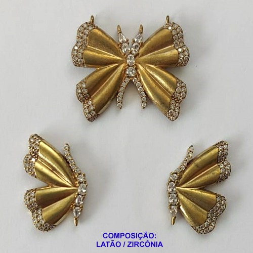 CONJUNTO NO BRUTO PRONTO PARA O BANHO (CX17) - CONJUNTO SEM CORRENTE - (PINGENTE E BRINCOS) PINGENTE BORBOLETA 32MM COM MICRO ZIRCÔNIAS E BRINCO BORBOLETAS COM MICRO ZIRCÔNIAS 17MM - PESO TOTAL 11.8GR -  BRU10698